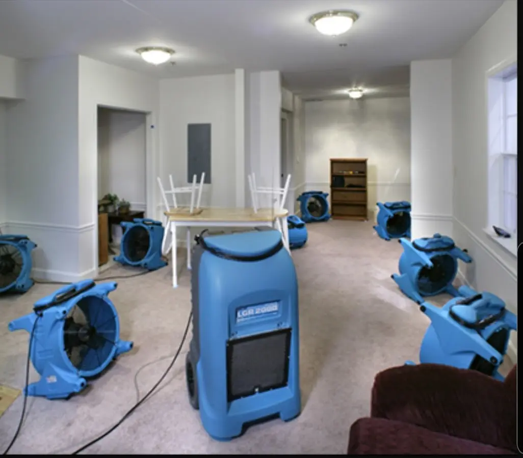 Air movers and dehumidifier setup for Water Damage Restoration in West Boylston